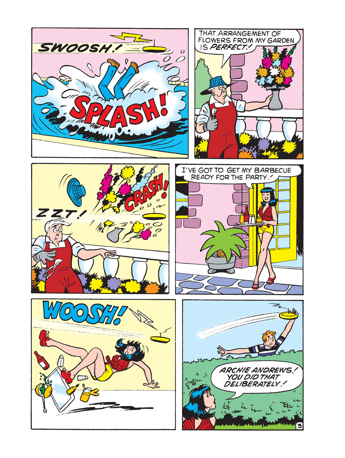Interior story page from WORLD OF ARCHIE DIGEST #151, in which Reggie tricks Archie into thinking he's a better frisbee player than he is, when he's actually using a remote-controlled frisbee invented by Dilton.