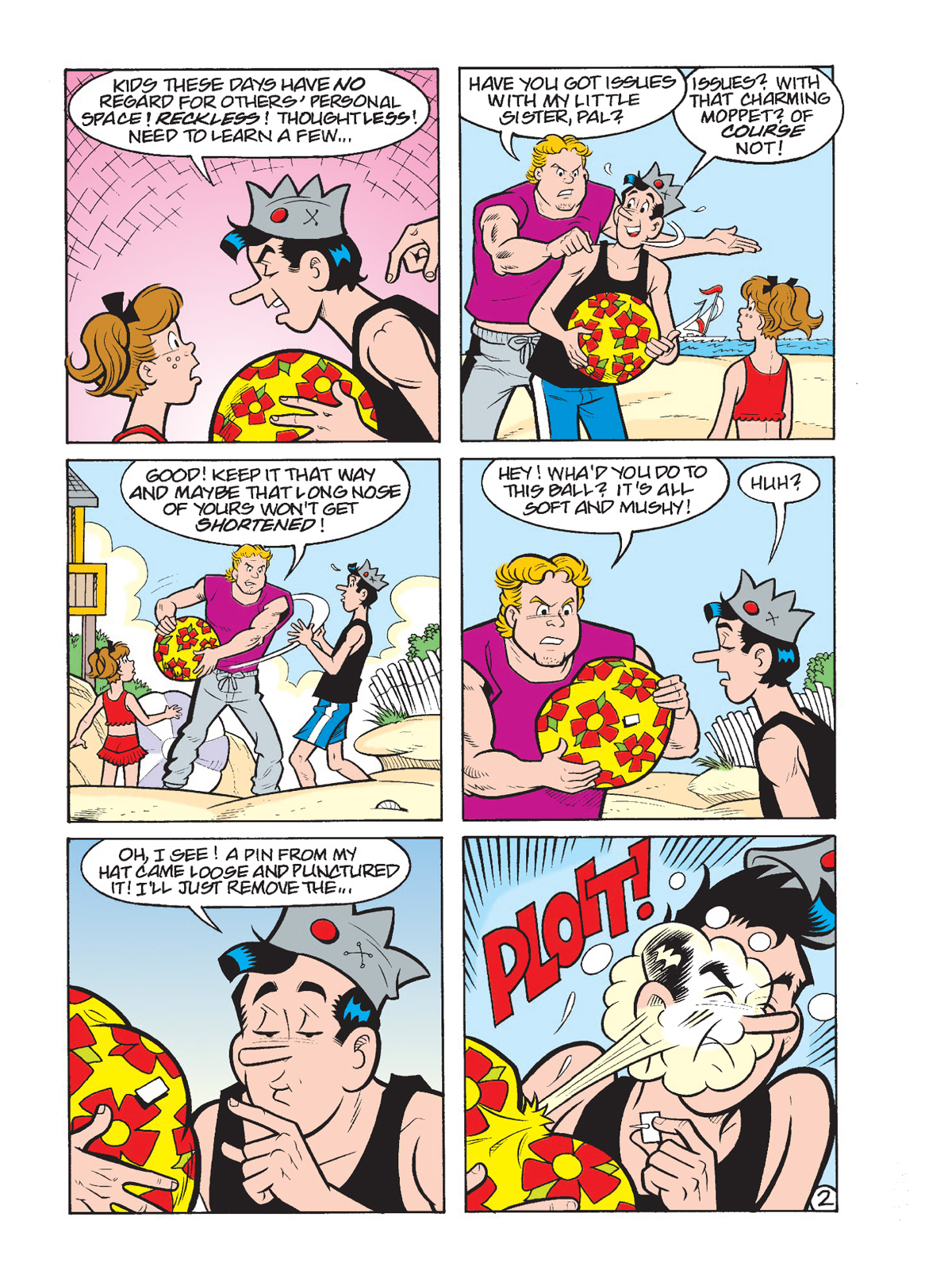 Interior story page from ARCHIE MILESTONES DIGEST #30: JUGHEAD SUMMER VACATION. Jughead gets into a confrontation with a little kid and her big older brother on the beach that keeps going from bad to worse.