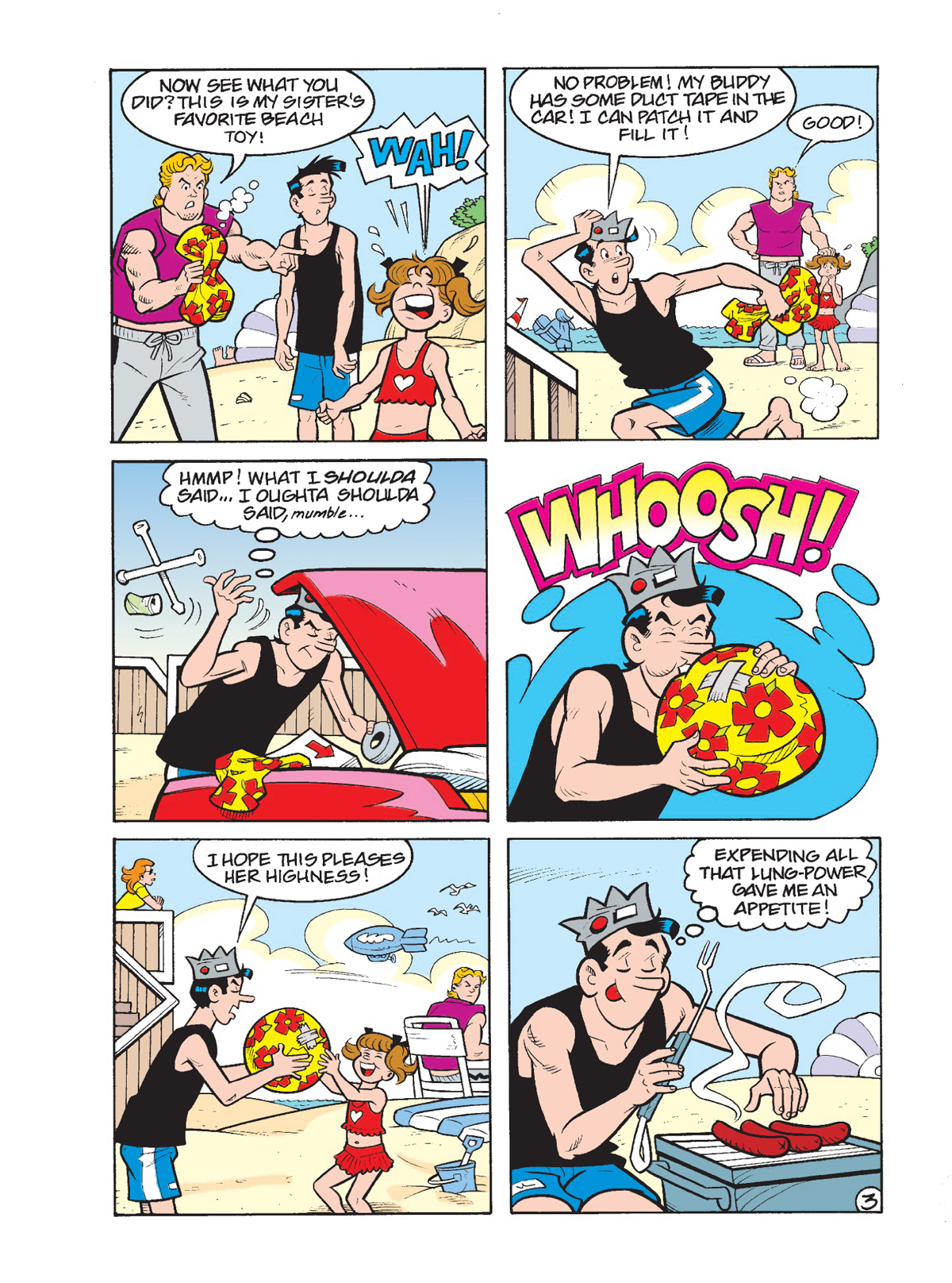 Interior story page from ARCHIE MILESTONES DIGEST #30: JUGHEAD SUMMER VACATION. Jughead gets into a confrontation with a little kid and her big older brother on the beach that keeps going from bad to worse.