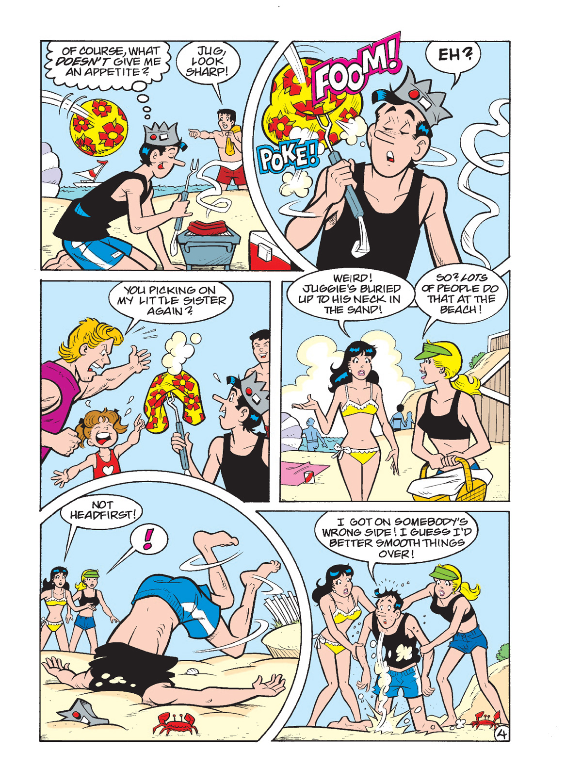 Interior story page from ARCHIE MILESTONES DIGEST #30: JUGHEAD SUMMER VACATION. Jughead gets into a confrontation with a little kid and her big older brother on the beach that keeps going from bad to worse.