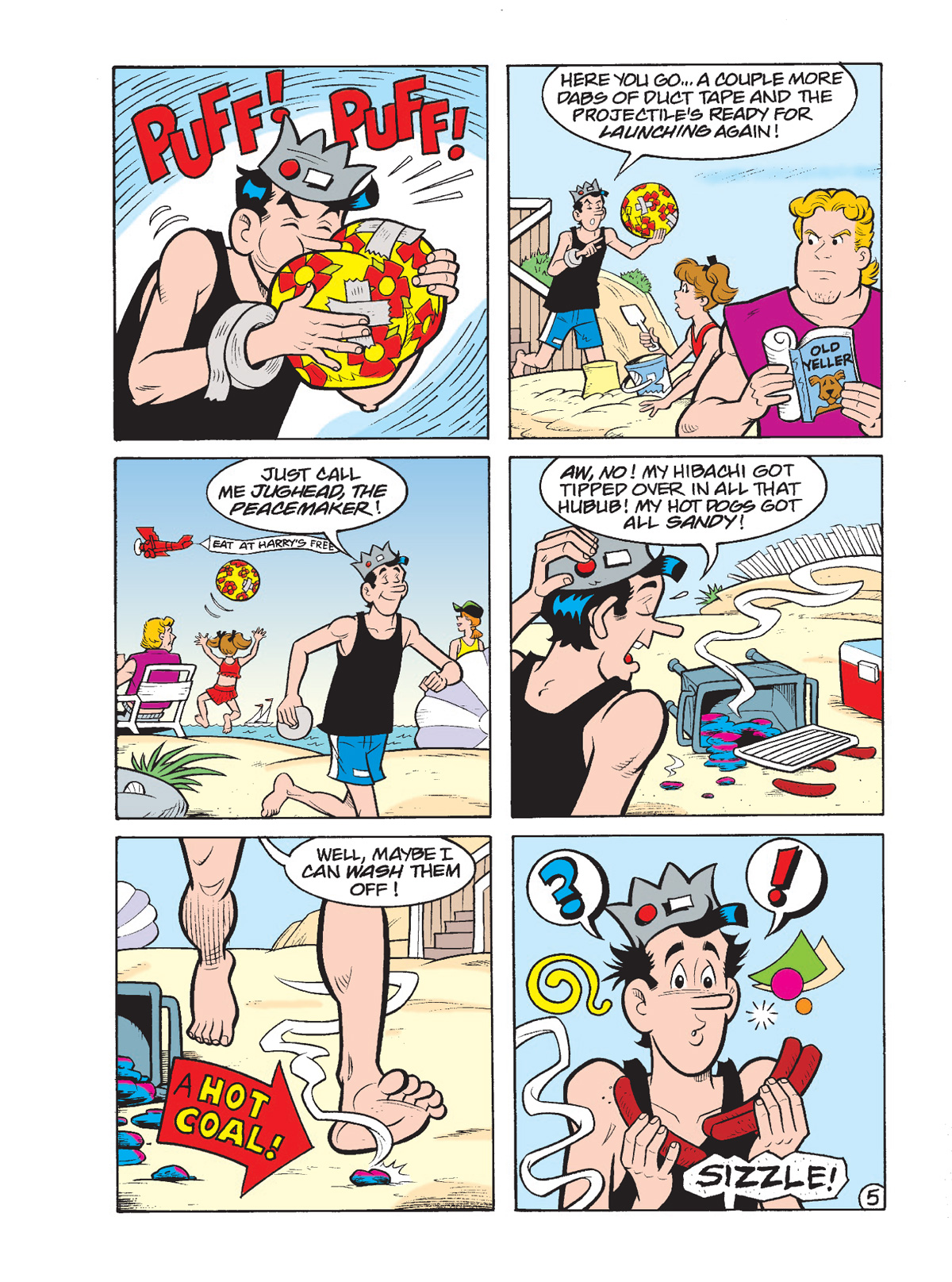 Interior story page from ARCHIE MILESTONES DIGEST #30: JUGHEAD SUMMER VACATION. Jughead gets into a confrontation with a little kid and her big older brother on the beach that keeps going from bad to worse.