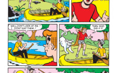 Interior story page from ARCHIE MILESTONES DIGEST #30: JUGHEAD SUMMER VACATION. Archie is looking for who stole all their hot dogs from their campsite. They think it's Jughead, but it turns out to be his dog, Hot Dog.