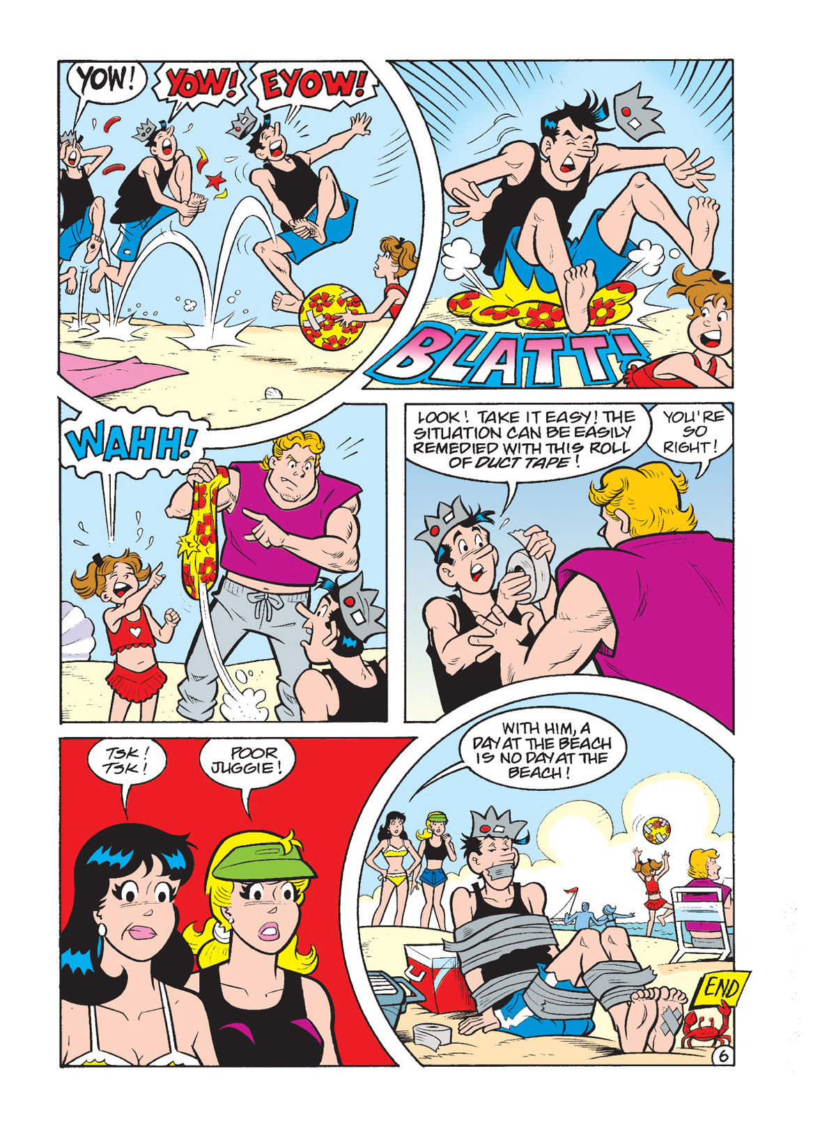 Interior story page from ARCHIE MILESTONES DIGEST #30: JUGHEAD SUMMER VACATION. Jughead gets into a confrontation with a little kid and her big older brother on the beach that keeps going from bad to worse.