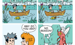 A BITE SIZED ARCHIE comic strip. Archie and Jughead are paddling a canoe looking for bug spray as a gigantic bug menaces them from above.