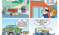A BITE SIZED ARCHIE comic strip. Archie's dad offers to buy him a replacement car for his jalopy and winds up getting a Flintstones car.