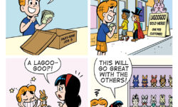 A BITE SIZED ARCHIE comic strip. Archie saves up money to buy Veronica a rare collectible only to find she already has 12 of them.