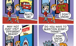 A BITE SIZED ARCHIE comic strip. Jughead is tormenting Archie with questions about plot holes in movies at the movie theater.