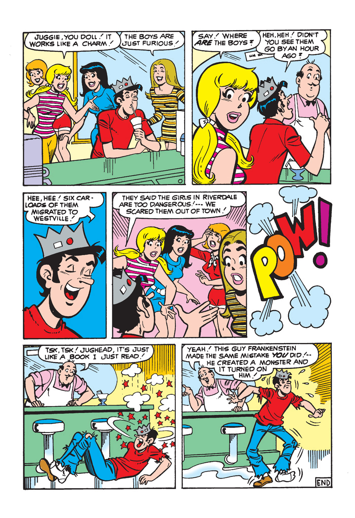 Interior story page from WORLD OF ARCHIE DIGEST #152. Archie and Reggie show off their fitness on the beach. Jughead tries to muscle in and impresses everyone with his amazing martial arts ability.