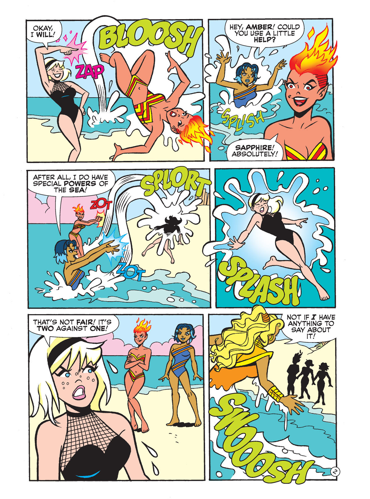 Interior story page from WORLD OF ARCHIE DIGEST #152. Amber Nightstone, a bad witch with fiery hair, is pranking and bothering Sabrina on the beach along with the rest of the Wicked Trinity, Saphire and Jade, when a new sea witch, Martinique, shows up to help her out.