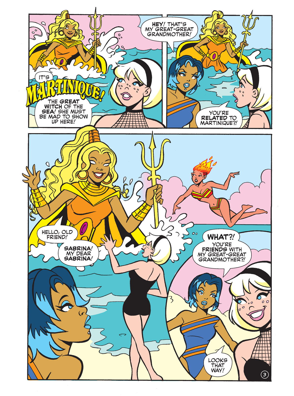 Interior story page from WORLD OF ARCHIE DIGEST #152. Amber Nightstone, a bad witch with fiery hair, is pranking and bothering Sabrina on the beach along with the rest of the Wicked Trinity, Saphire and Jade, when a new sea witch, Martinique, shows up to help her out.