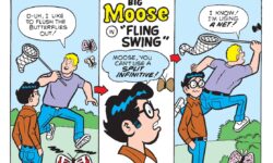 Panels from an Archie Comics story. Moose tries to catch a butterfly and uses incorrect grammar. When Dilton says he can't use a split infinitive, Moose says, "I know, I'm using a net!"