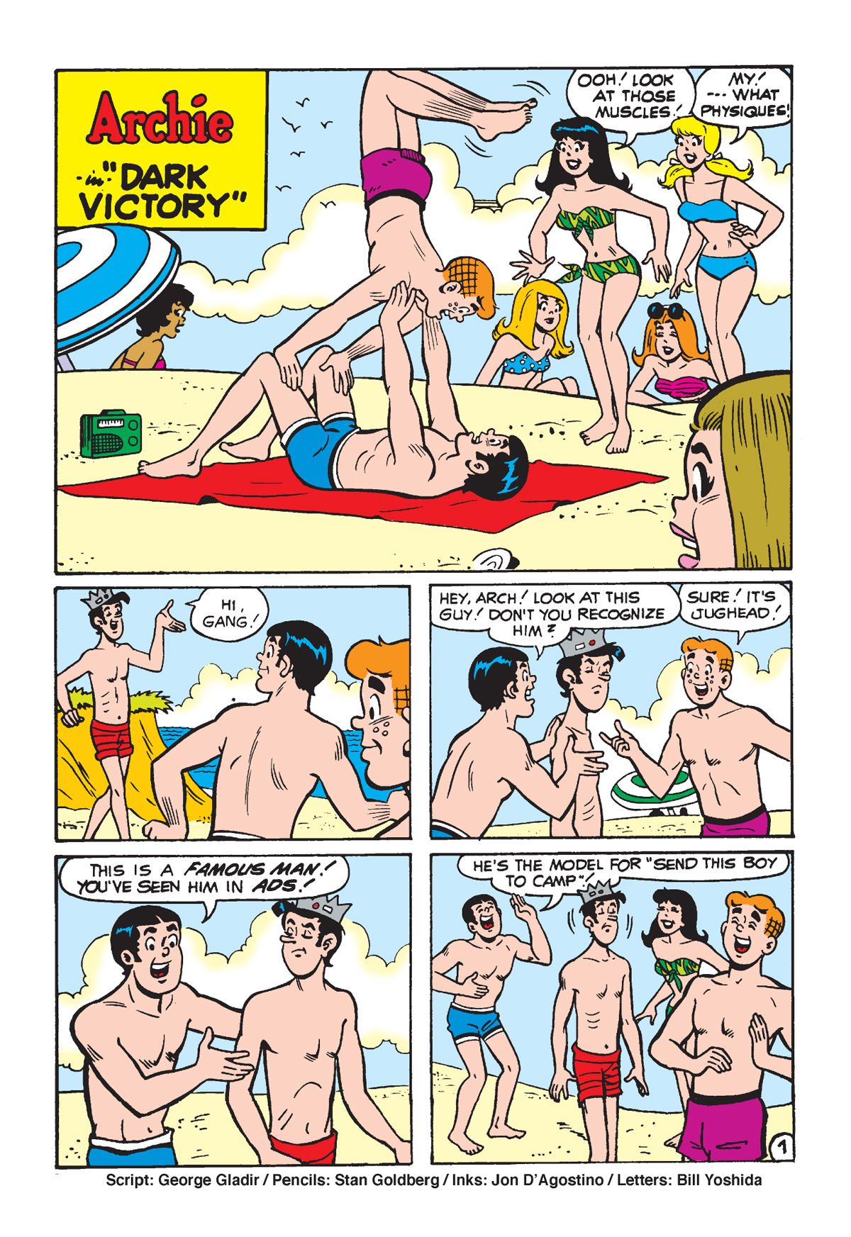 Interior story page from WORLD OF ARCHIE DIGEST #152. Archie and Reggie show off their fitness on the beach. Jughead tries to muscle in and impresses everyone with his amazing martial arts ability.