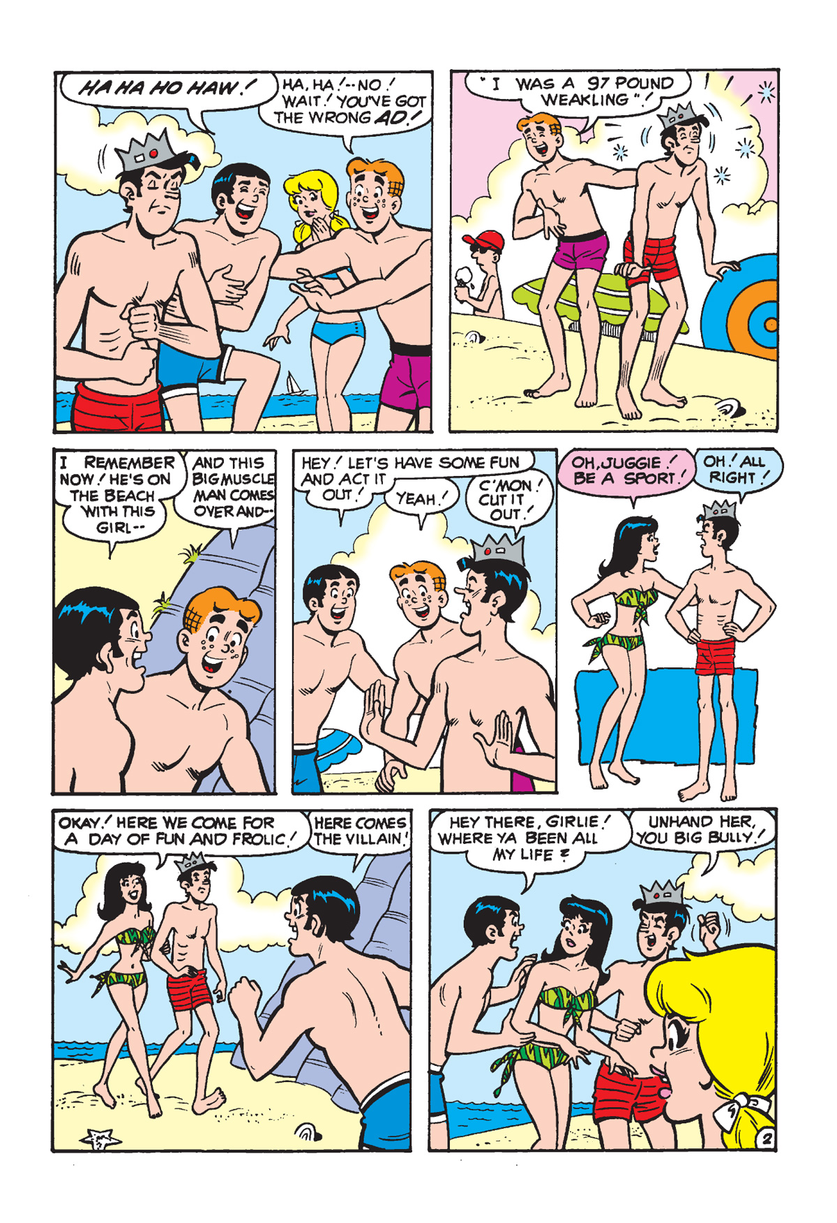 Interior story page from WORLD OF ARCHIE DIGEST #152. Archie and Reggie show off their fitness on the beach. Jughead tries to muscle in and impresses everyone with his amazing martial arts ability.