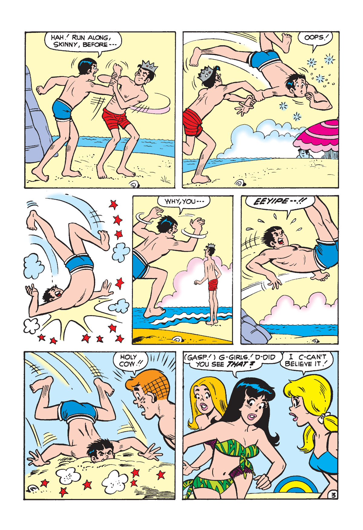 Interior story page from WORLD OF ARCHIE DIGEST #152. Archie and Reggie show off their fitness on the beach. Jughead tries to muscle in and impresses everyone with his amazing martial arts ability.