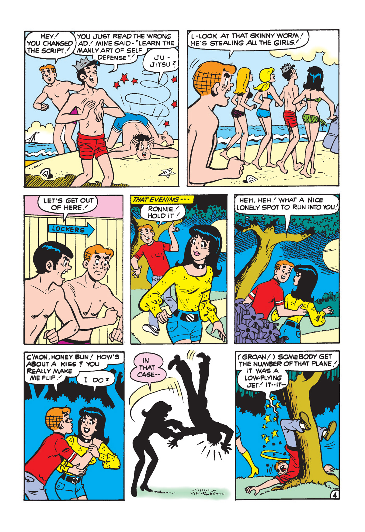 Interior story page from WORLD OF ARCHIE DIGEST #152. Archie and Reggie show off their fitness on the beach. Jughead tries to muscle in and impresses everyone with his amazing martial arts ability.