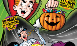 Cover of ARCHIE'S HALLOWEEN SPECTACULAR. Archie, Jughead, Veronica, and Betty are all wearing Halloween costumes and holding trick-or-treat candy in front of a green decorative background. Medusa Doom, a villain with green skin, purple hair, and pointy ears and teeth, stands in the foreground grinning at the viewer. The cover text reads: 30 Pages of Terrifying Tales, Featuring an all-new spooky story!