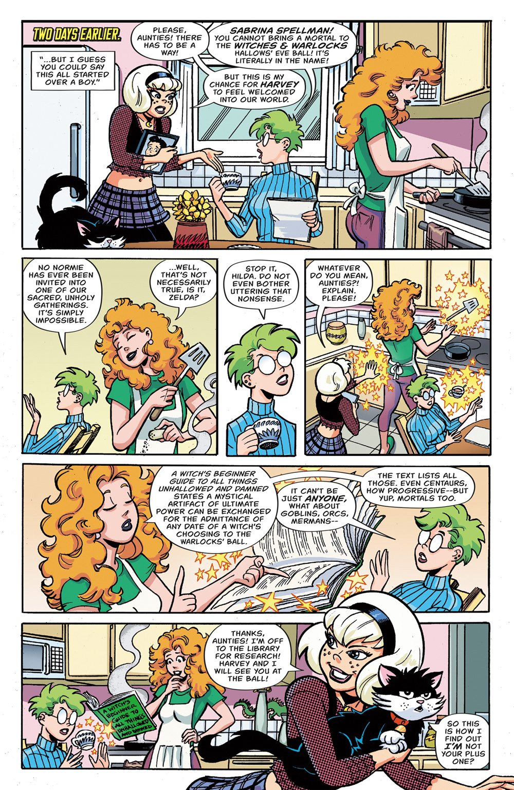 Interior story page from ARCHIE VS. MINOR THREATS #1, showing how Sabrina the Teenage Witch decides to take a trip to Twilight City, in the Minor Threats universe, to obtain a magical artifact along with Archie, Reggie, Jughead, Betty, and Veronica.