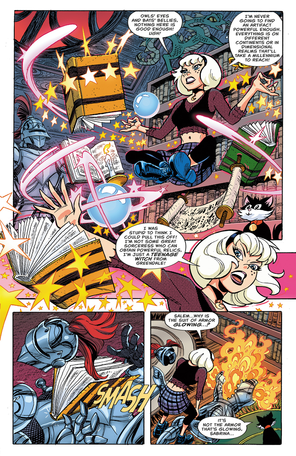 Interior story page from ARCHIE VS. MINOR THREATS #1, showing how Sabrina the Teenage Witch decides to take a trip to Twilight City, in the Minor Threats universe, to obtain a magical artifact along with Archie, Reggie, Jughead, Betty, and Veronica.