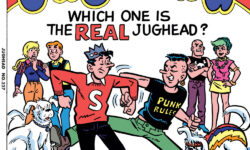 Cover of JUGHEAD #327: FACSIMILE EDITION. In the foreground, Jughead faces off against a punk version of himself, wearing a shirt that says "Punk Rules" and a mohawk. Archie, Betty, and Hot Dog look on nervously in the background, along with two people and a dog from Punk Jughead's side. The cover text reads: Which one is the REAL Jughead? Punk vs. Funk