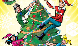 Cover of ARCHIE'S CHRISTMAS SPECTACULAR 2025. Archie, Betty, Jughead, and Veronica are decorating a huge Christmas tree, climbing up the branches to hang the decorations. Hot Dog is peeking out from the branches with a candy cane in his mouth.