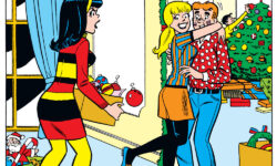 Variant cover for ARCHIE'S CHRISTMAS SPECTACULAR 2025, which is a pin-up gag cartoon. The gang is decorating Veronica's house for Christmas. Veronica walks in on Betty and Archie kissing under the mistletoe.