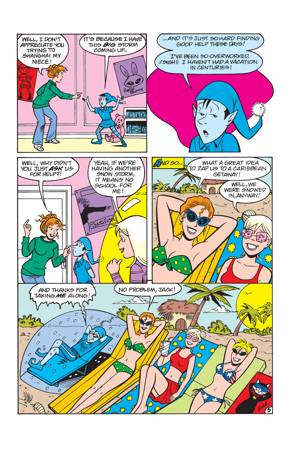 Interior story page from SABRINA THE TEENAGE WITCH: MAGIC UNLEASHED, in which Sabrina gets zapped into a frozen blue state by Jack Frost.