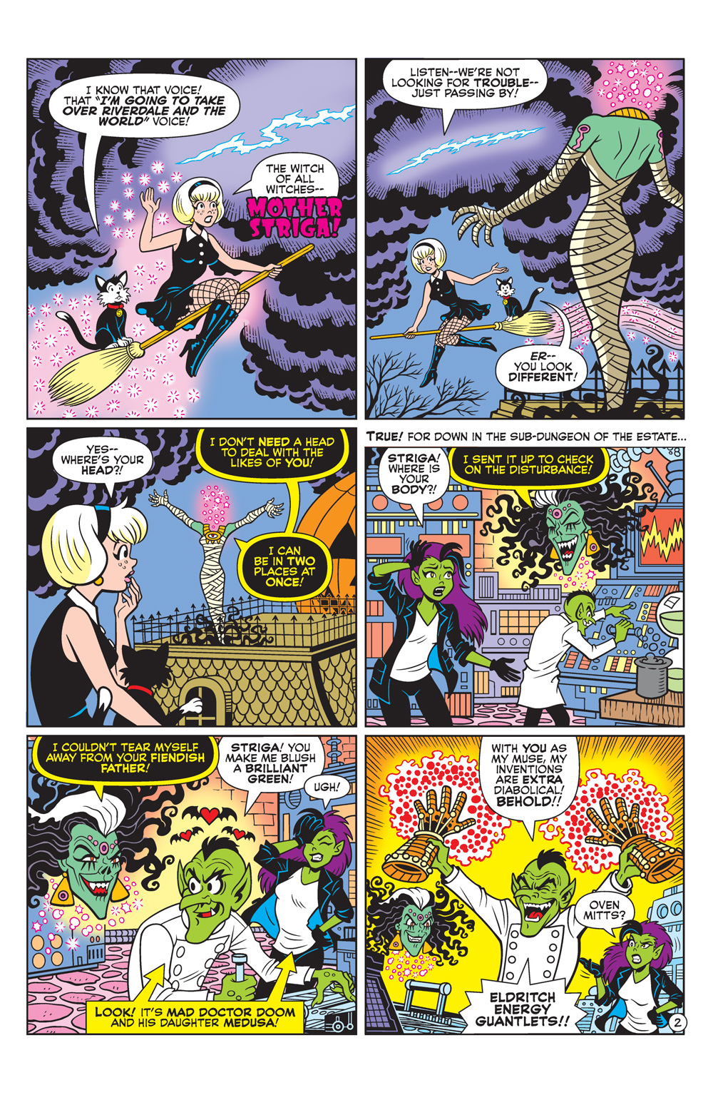 Interior story page from SABRINA THE TEENAGE WITCH: MAGIC UNLEASHED, in which Sabrina faces off against the villains Mad Doctor Doom, Medusa Doom, and Mother Striga the First Witch.