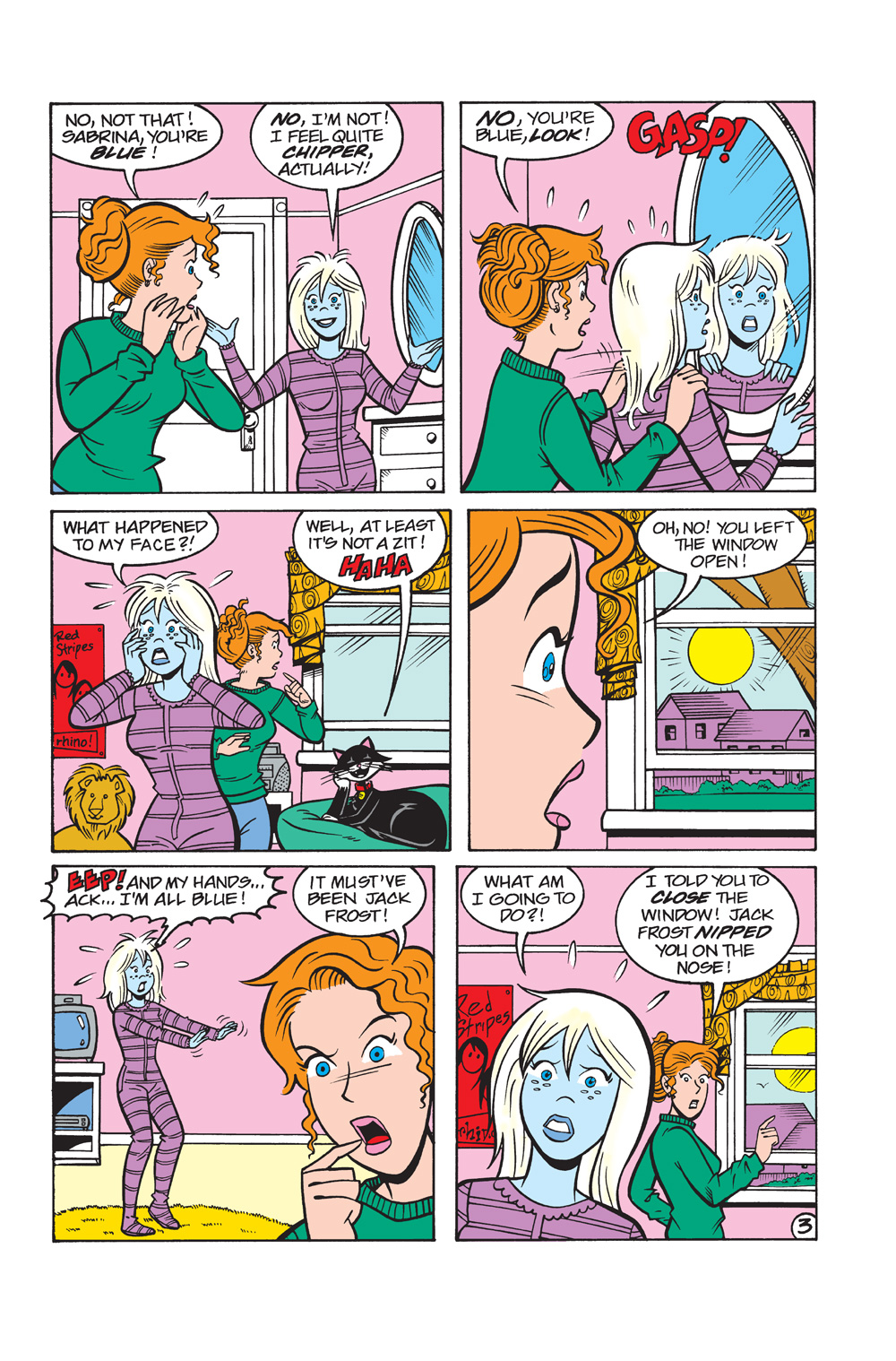 Interior story page from SABRINA THE TEENAGE WITCH: MAGIC UNLEASHED, in which Sabrina gets zapped into a frozen blue state by Jack Frost.