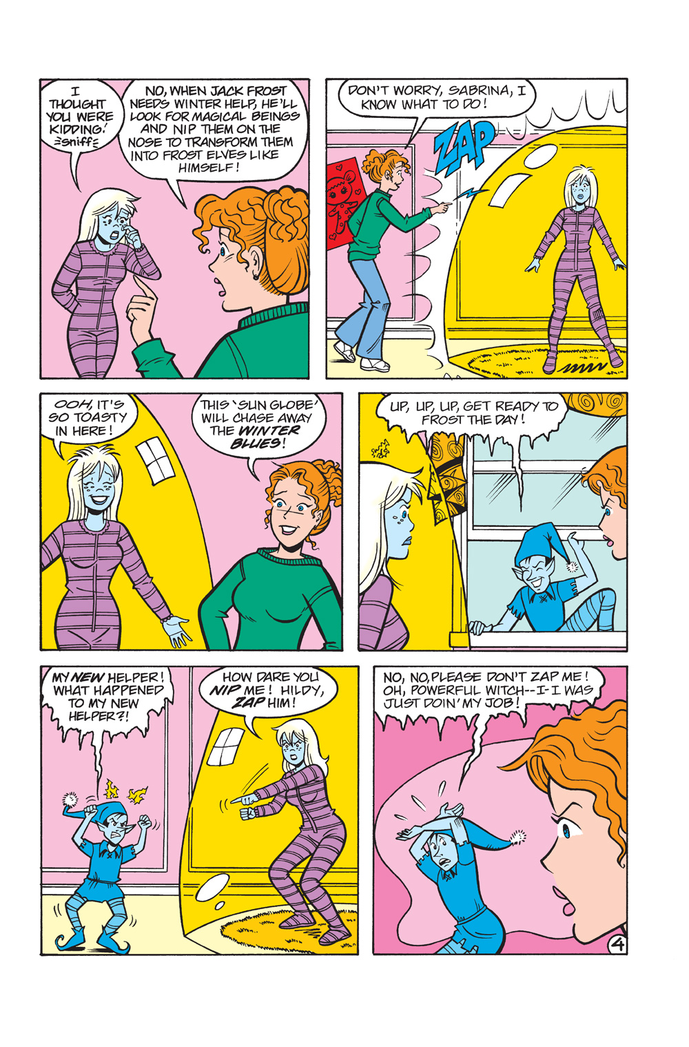 Interior story page from SABRINA THE TEENAGE WITCH: MAGIC UNLEASHED, in which Sabrina gets zapped into a frozen blue state by Jack Frost.