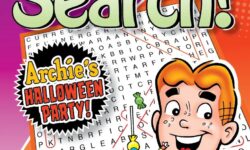Cover of Archie's Halloween Party Word Search! In the foreground, Archie is holding a trick-or-treat pail overflowing with candy, in front of a stylized word search puzzle.