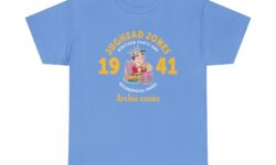 Blue t-shirt with an image of Jughead eating lots of food. In a circular design around him, the text reads: Jughead Jones 1941 Philosophical Foodie