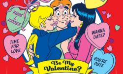 Crop of the alternate cover of ARCHIE'S VALENTINE'S SPECTACULAR. Betty and Veronica plant a bunch of lipstick kisses on Archie's face, and they're surrounded by candy message hearts.
