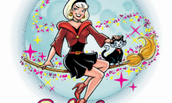 Sabrina the Teenage Witch sits on a magic broom floating in air in front of a full moon and surrounded by magical sparkles. Her cat familiar Salem sits next to her and she pets his head.