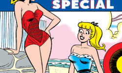 Cover of BETTY AND VERONICA PIN-UP SPECIAL. Veronica and Betty are on the beach in swimwear. Veronica is leaning on a stone wall and wearing a yellow sun hat.