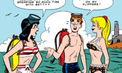 Cover of BETTY AND ME #1: FACSIMILE EDITION. Veronica, Archie, and Betty are standing in the ocean at the beach wearing scuba gear. Veronica says, "Archie, why are you spending so much time with Betty?" and he replies, "She's standing on my flippers!"