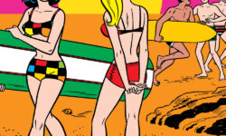 Variant cover of BETTY AND ME #1: FACSIMILE EDITION. In a pink and orange design inspired by the movie poster for "Endless Summer," Veromica and Betty are on the beach -- Veronica carries a surfboard and Betty looks at some male surfers in the background while the sun sets. The text reads: The endless summer, in search of the perfect date.
