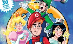 Cover of ARCHIE GAME GALAXY. Archie, Betty, Veronica, and Jughead are made up to look like characters from Super Mario Brothers. In the foreground, Salem the cat rides an anthropomorphic bullet from the Mario franchise who looks like Reggie.