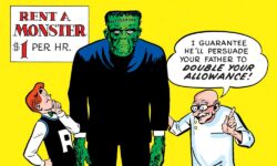 Cover of ARCHIE #125: FACSIMILE EDITION. Archie stands next to Frankenstein's monster, looking up. A sign behind them reads: Rent a Monster $1 Per Hour. A scientist in a lab coat says, "I guarantee he'll persuade your father to double your allowance!"