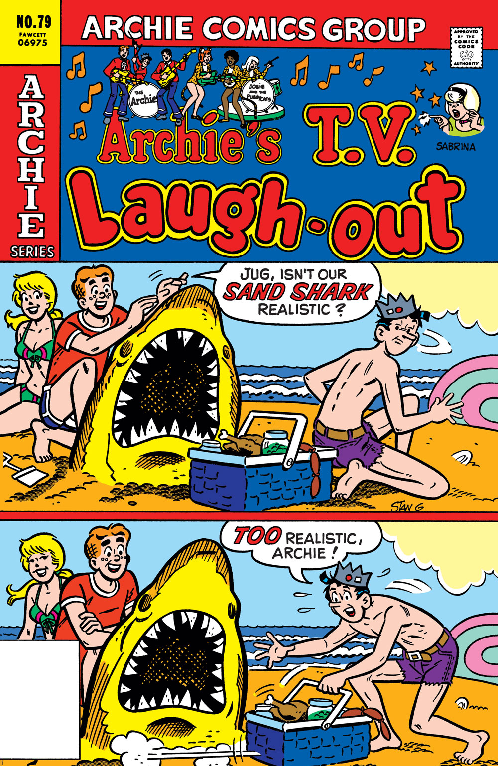 Cover of ARCHIE'S TV LAUGH OUT #79: FACSIMILE EDITION. In the first panel of the image, Betty and Archie are on the beach making a giant shark out of sand that looks like the Jaws movie poster. Jughead is in the foreground with a picnic basket overflowing with food. Archie asks Jughead if the sand shark looks realistic. In the second panel, Jughead says, "TOO realistic, Archie!" as he frantically moves the picnic basket away from the sand shark.