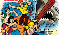 Variant Cover of ARCHIE'S TV LAUGH OUT #79: FACSIMILE EDITION. In an image designed to look like a '70s drive-in movie poster, Archie, Betty, Veronica, and Jughead are on a dock frantically running away from an attacking shark, who has bitten into one of the dock pylons and torn it away. The text reads: Blood-curdling! Hair-raising! Spine-chilling! A dream seaside vacation became ARCHIE AND THE GANG'S WORST NIGHTMARE! He chomps his victims with his massive jaws! SO TERRIFYING AND SHOCKING you will be frightened our of your wits! Archie and the Horrors of Shark Island"