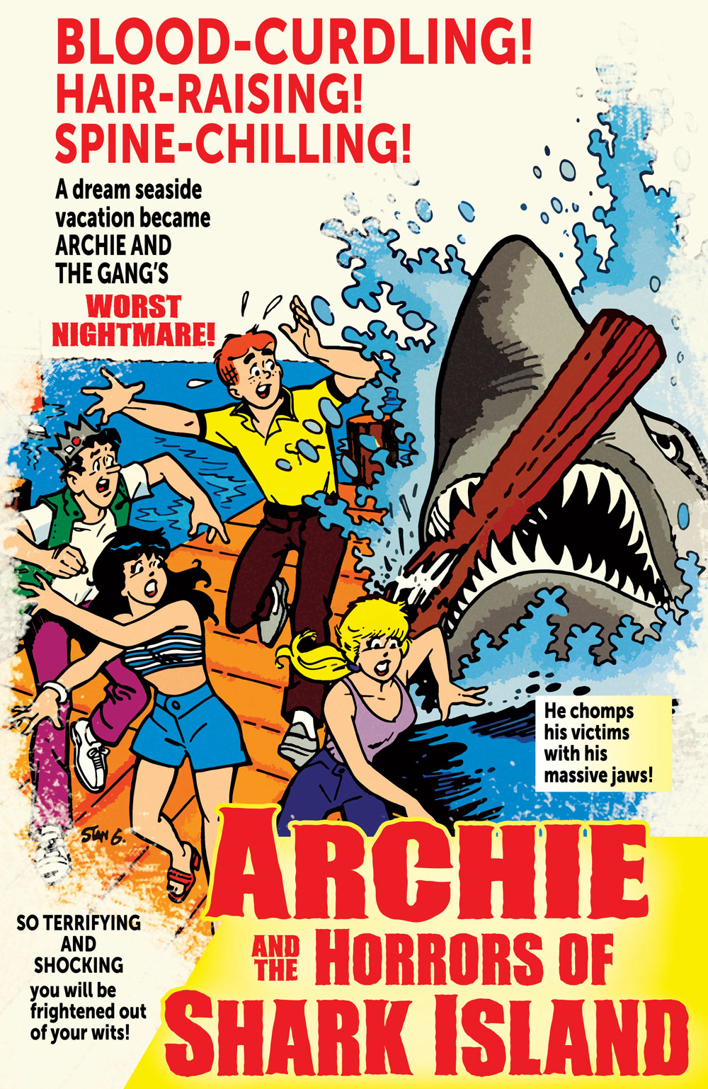 Variant Cover of ARCHIE'S TV LAUGH OUT #79: FACSIMILE EDITION. In an image designed to look like a '70s drive-in movie poster, Archie, Betty, Veronica, and Jughead are on a dock frantically running away from an attacking shark, who has bitten into one of the dock pylons and torn it away. The text reads: Blood-curdling! Hair-raising! Spine-chilling! A dream seaside vacation became ARCHIE AND THE GANG'S WORST NIGHTMARE! He chomps his victims with his massive jaws! SO TERRIFYING AND SHOCKING you will be frightened our of your wits! Archie and the Horrors of Shark Island"
