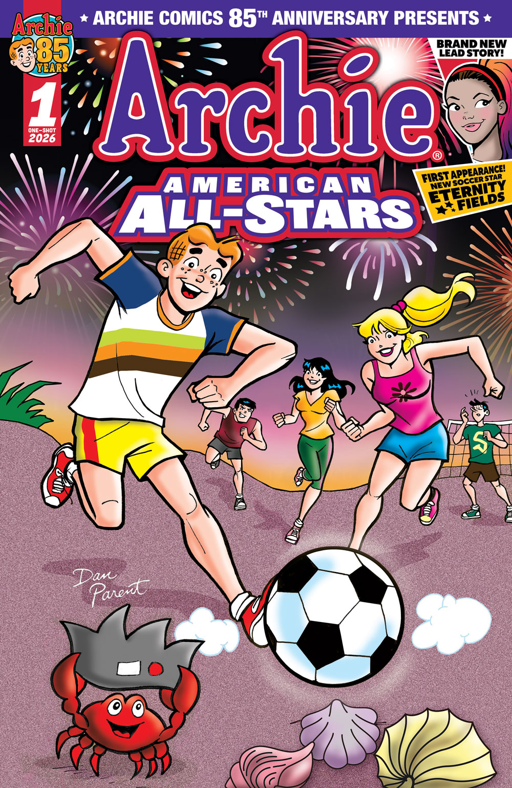 Main cover of the ARCHIE AMERICAN ALL-STARS comic book. Archie, Betty, Veronica, and Reggie play soccer on the beach with Jughead tending goal in the background. In the foreground, an anthropomorphic crab smiles and holds up Jughead's hat that he stole. In the upper right corner is a headshot of Eternity Fields, a slender light-skinned black woman with multicolor hair tied up in a ponytail. The cover copy reads: First Appearance! New soccer star Eternity Fields!
