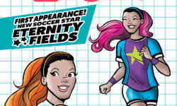 Variant cover of the ARCHIE AMERICAN ALL-STARS comic book. Eternity Fields, a slender light-skinned black woman with multicolor hair tied up in a ponytail is in a running pose, wearing a purple and blue soccer uniform, next to two headshots on a grid paper background indicating that these are her character designs. The cover copy reads: First Appearance! New soccer star Eternity Fields!