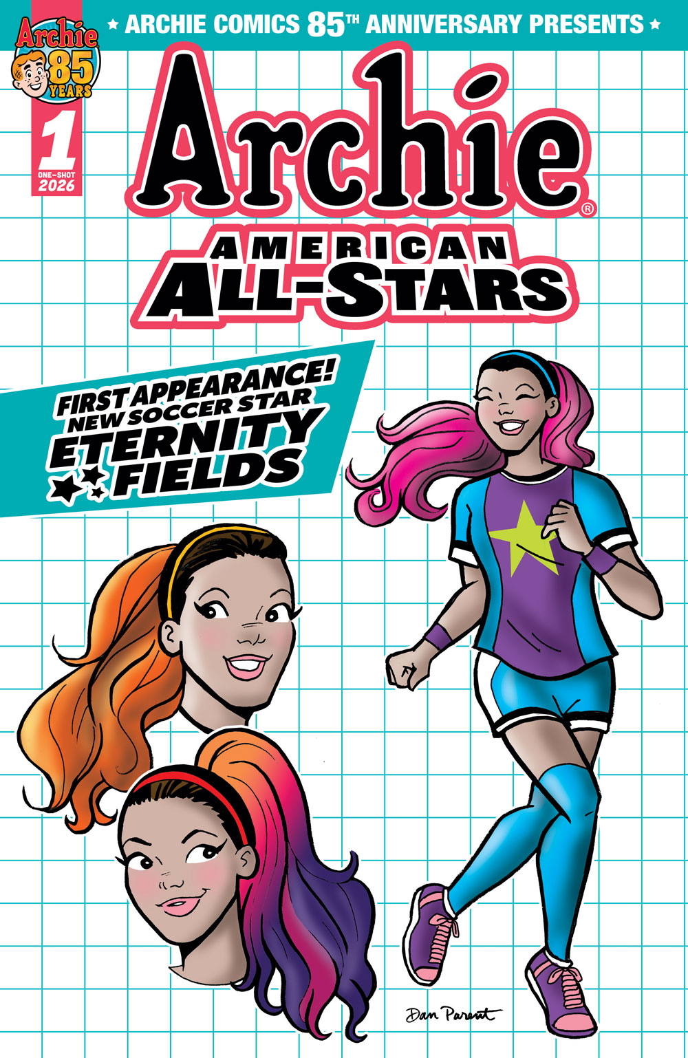 Variant cover of the ARCHIE AMERICAN ALL-STARS comic book. Eternity Fields, a slender light-skinned black woman with multicolor hair tied up in a ponytail is in a running pose, wearing a purple and blue soccer uniform, next to two headshots on a grid paper background indicating that these are her character designs. The cover copy reads: First Appearance! New soccer star Eternity Fields!