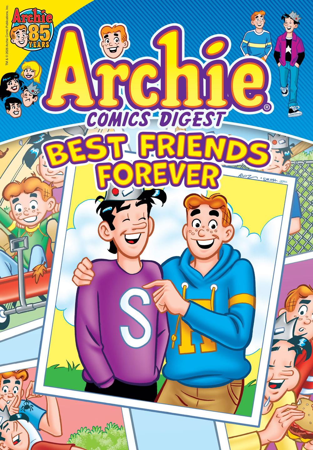 Cover of ARCHIE COMCIS DIGEST: BEST FRIENDS FOREVER. A photograph of Archie and Jughead is overlaid on a pile of other photos of them growing up from little kids to teens.