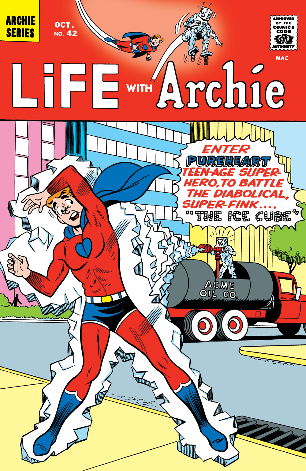 Cover of LIFE WITH ARCHIE #42: FACSIMILE EDITION. Archie is wearing his Pureheart superhero costume -- a red jumpsuit with blue trunks, boots, and cape, and a blue heart symbol on his chest. He's in the middle of being frozen in place by a villain's ice ray, shot from the background. The cover copy reads: Enter Pureheart, teen-age super-hero, to battle the diabolical super-fink . . . The Ice Cube!