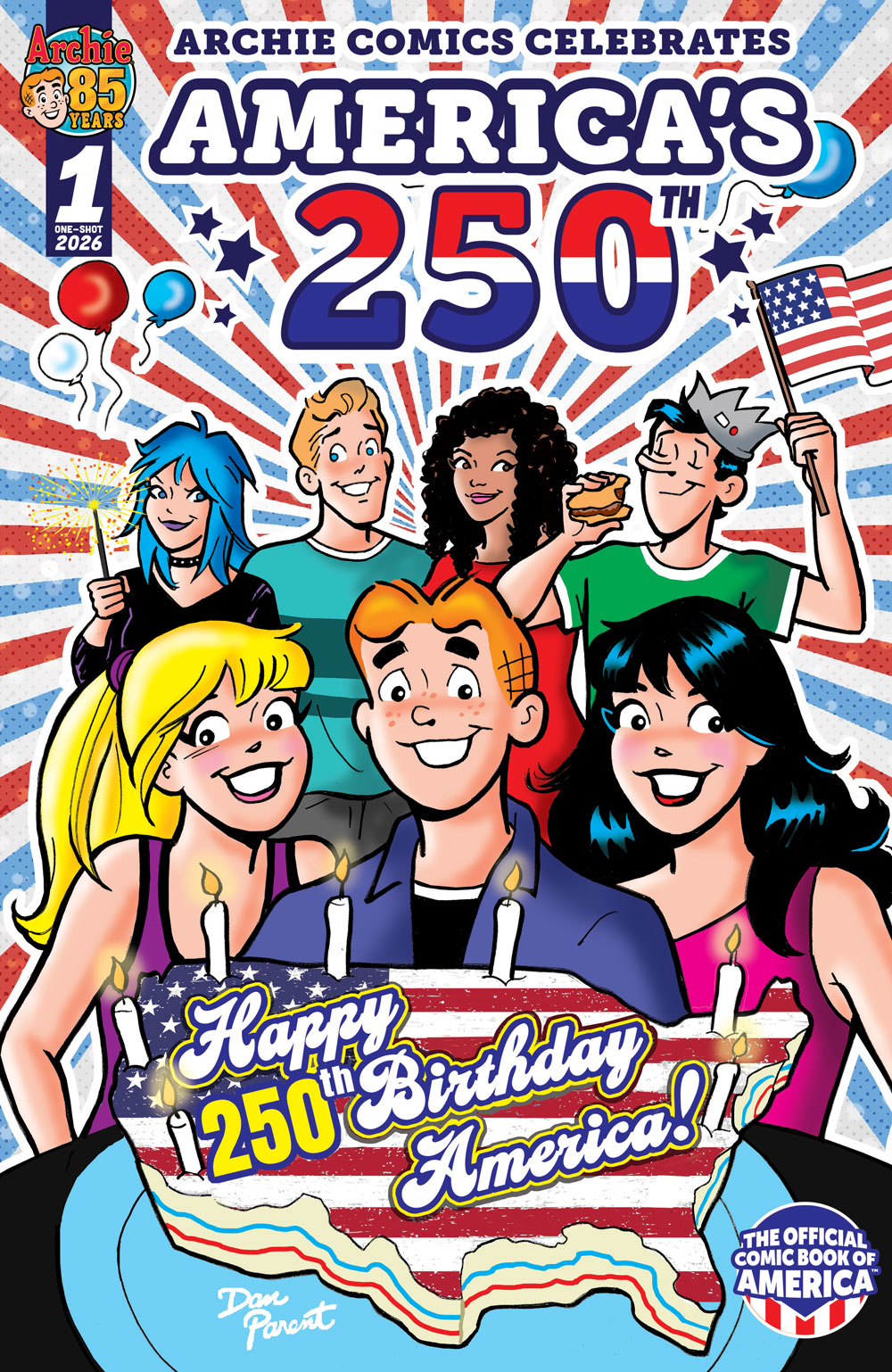 ARCHIE COMICS CELEBRATES AMERICA’S 250th main cover by Dan Parent. Archie, Betty and Veronica, look at the viewer from behind a birthday cake in the shape of the USA, with the words Happy 250th Birthday America! written on it. Jola Kitt, a white woman with blue hair, Kevin Keller, a white man with blonde hair, Stacy Banks, a black woman with black haid, and Jughead stand behind them holding up flags, sparklers, and a hamburger.