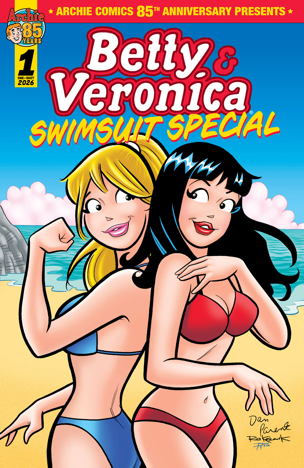 BETTY AND VERONICA SWIMSUIT SPECIAL main cover by Dan Parent. Betty and Veronica, wearing a blue and red bikini, respectively, stand on the beach back to back, looking at each other. Betty flexes her bicep.