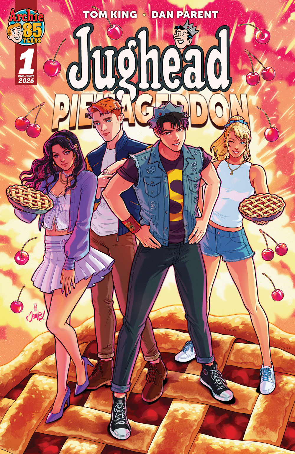 Variant cover of JUGHEAD: PIEMAGEDDON by Jen Bartel. Archie, Betty, Jughead, and Veronica, and Reggie stand on top of a gigantic cherry pie with a red and orange bust behind them along with floating cherries. Betty and Veronica each hold a smaller pie. Jughead looks right at the viewer in a confident, heroic stance.