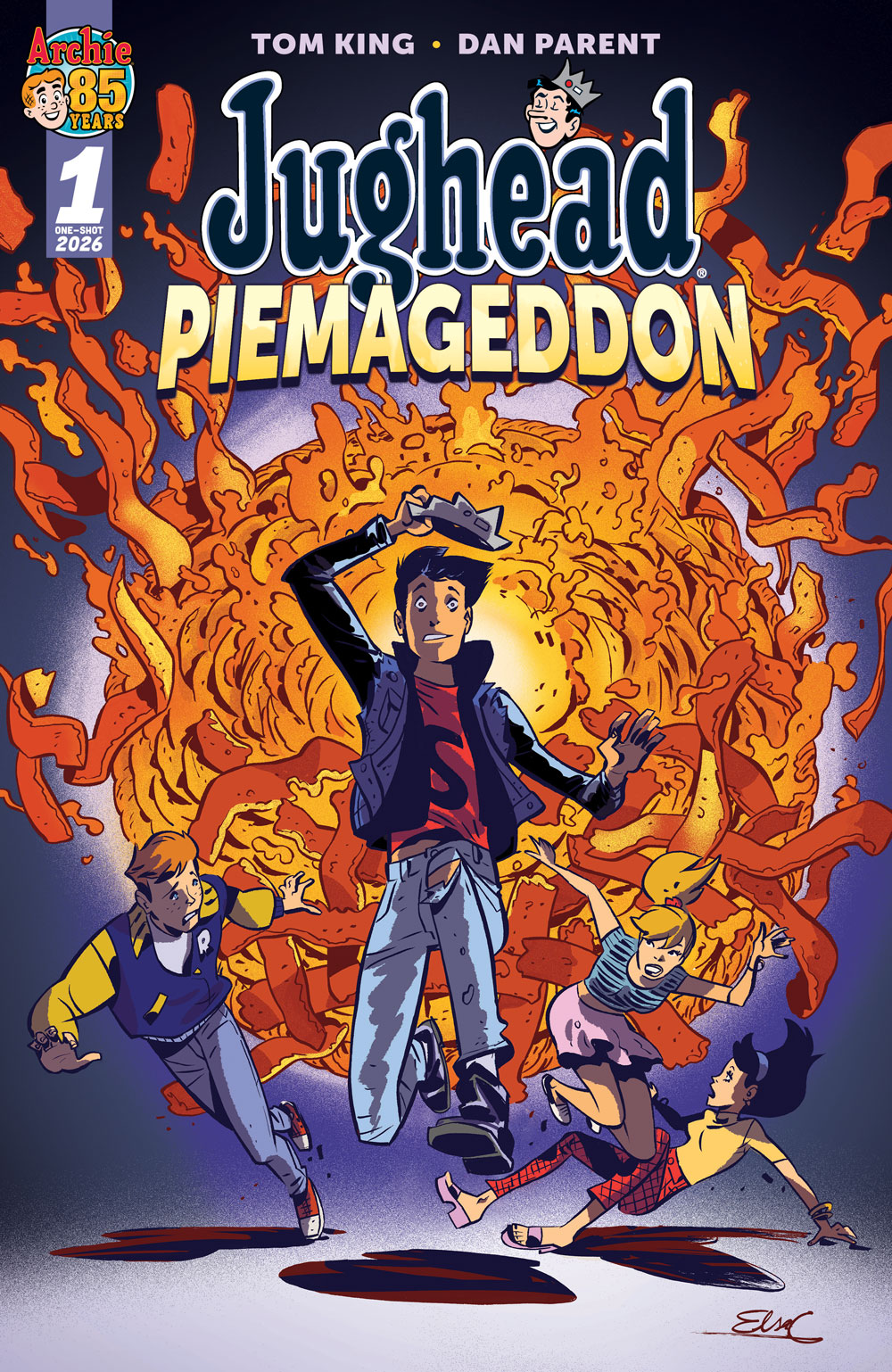 Variant cover of JUGHEAD: PIEMAGEDDON by Elsa Charretier. Archie, Betty, Jughead, and Veronica, are thrown about by the force of shockwave from what looks like a giant exploding pie behind them. Jughead is central in the foreground, holding on to his hat.